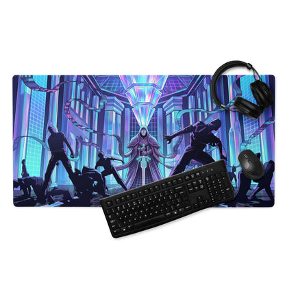 Vaporwave neon city mouse pad with vibrant purple and blue cyberpunk design featuring hooded figure and silhouetted characters