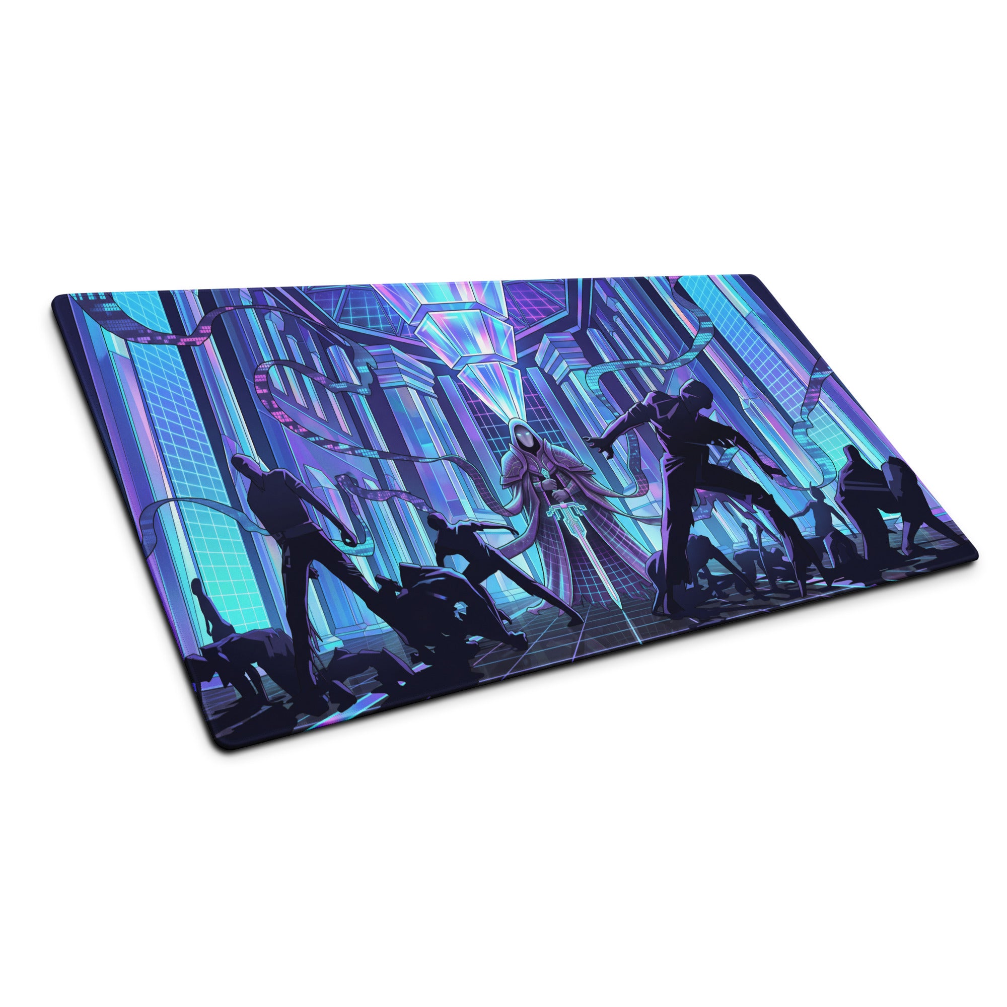 Rectangular gaming mousepad with vibrant vaporwave neon city art in blue and purple for retro futuristic desk setups