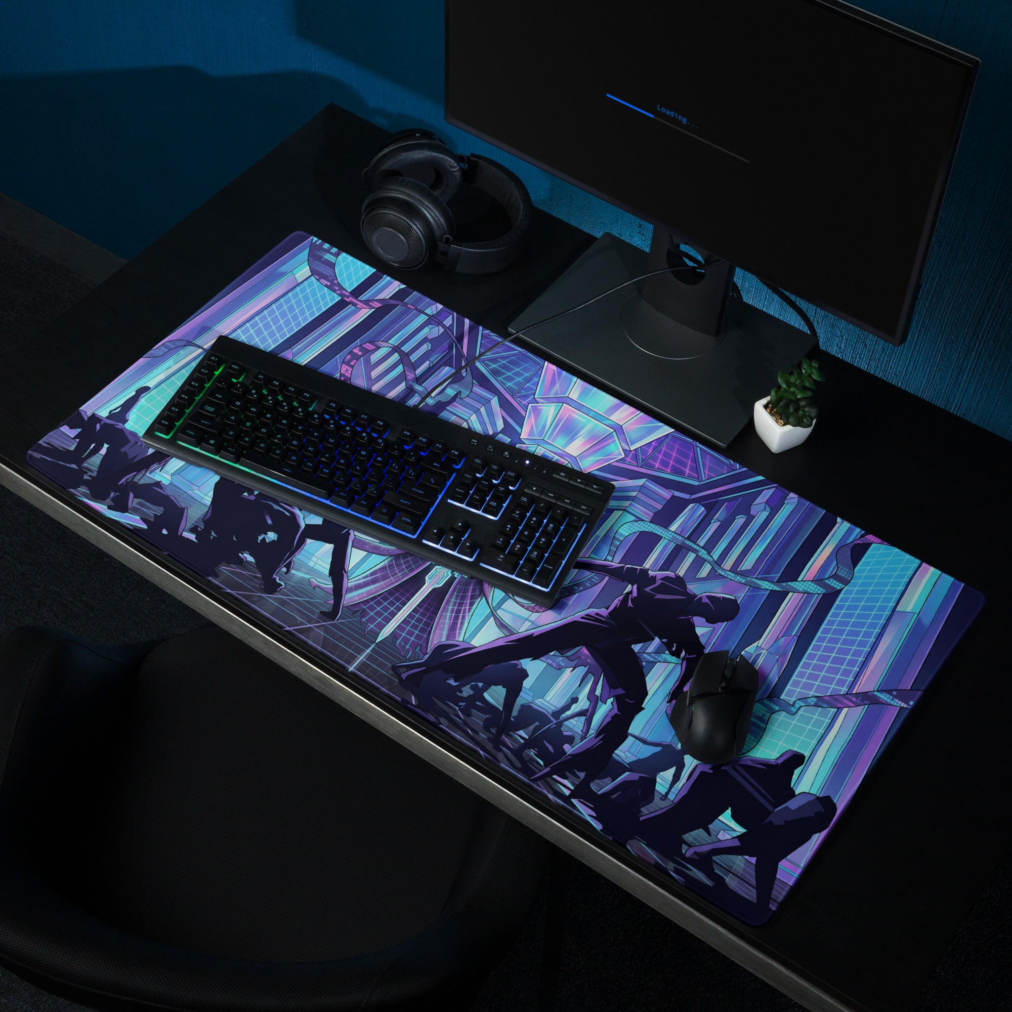 Vaporwave neon city mouse pad featuring a vibrant anime-style illustration with neon purple and blue hues for gaming desks