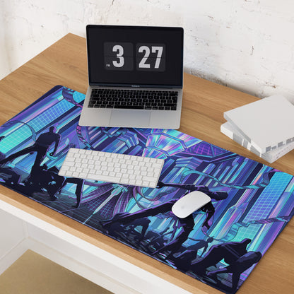 Vibrant purple and blue vaporwave neon city mouse pad featuring cyberpunk silhouettes and glowing digital cityscape design