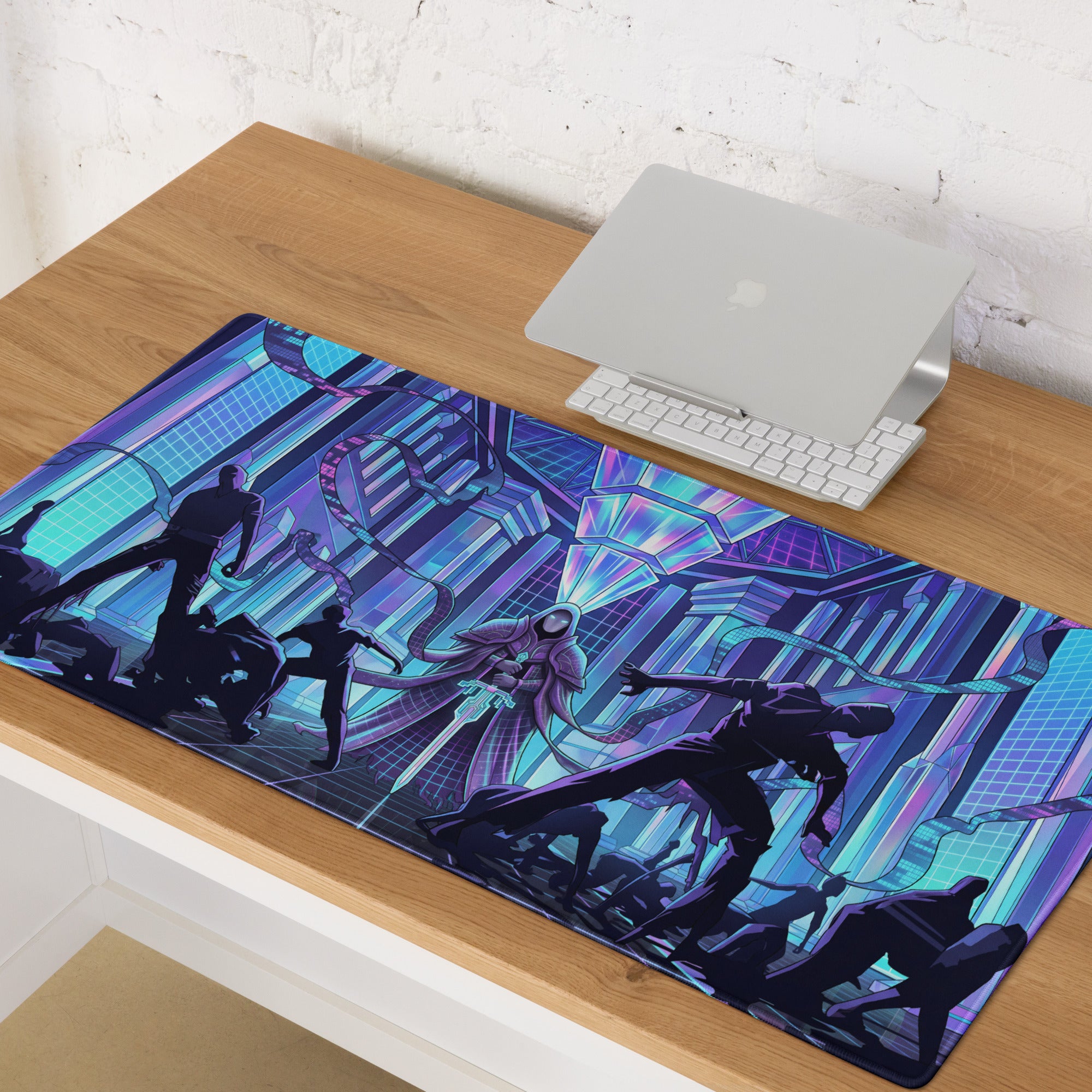 Vaporwave neon city mouse pad with vibrant purple and blue holographic design and stylized superhero silhouettes