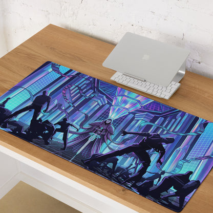 Vaporwave neon city mouse pad with vibrant purple and blue holographic design and stylized superhero silhouettes