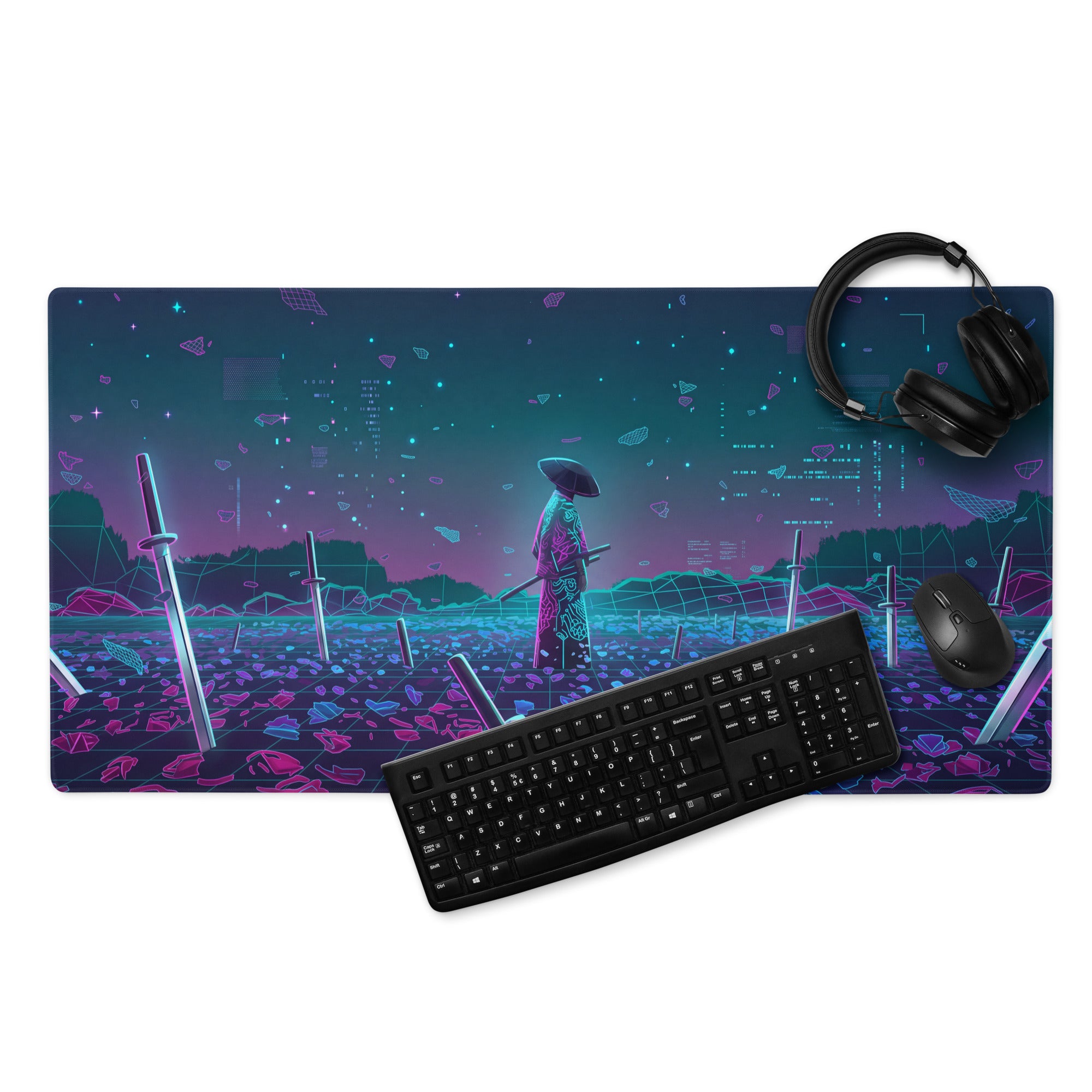 Neon vaporwave nightscape narrow rectangular gaming mousepad with vibrant purple blue cyberpunk design and lone figure