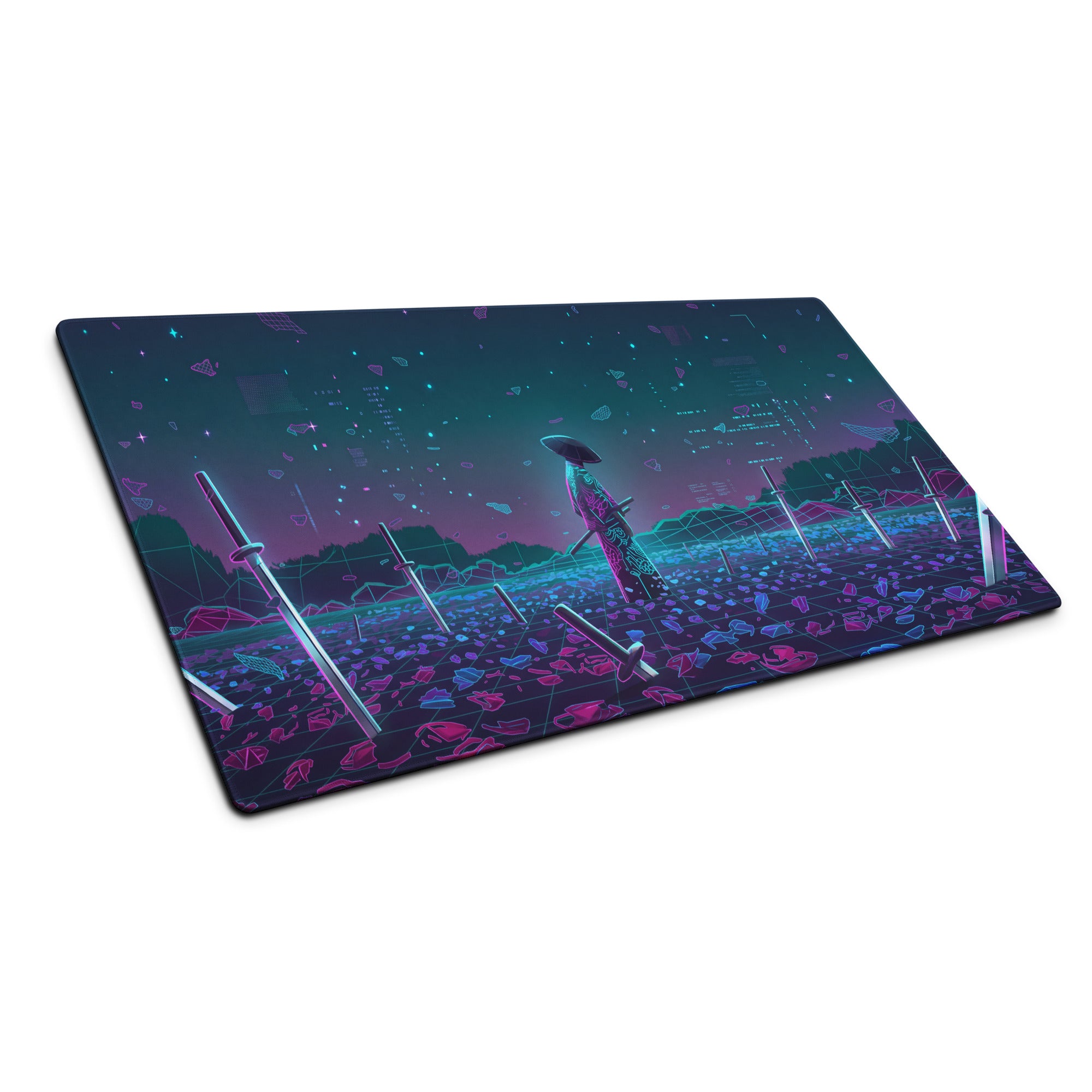 Neon vaporwave nightscape mouse pad with nebula-themed glowing cyberpunk landscape in neon purple and teal hues