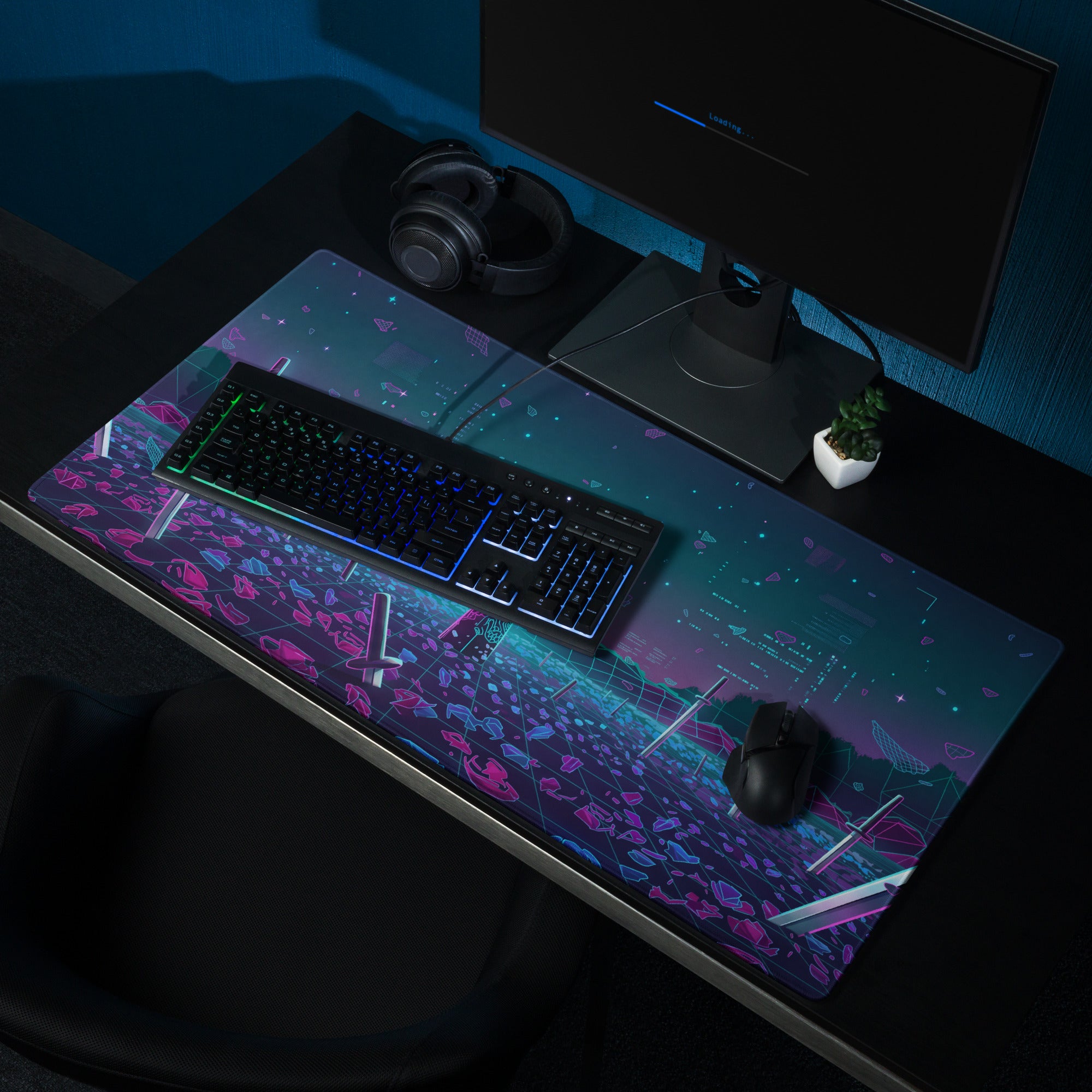Neon vaporwave nightscape gaming mouse pad with navy blue and magenta colors and glossy finish for desk use