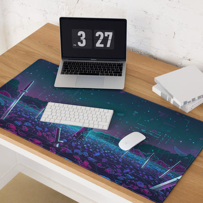 Neon vaporwave nightscape mouse pad with navy blue and purple cyberpunk design and glowing neon sword graphics