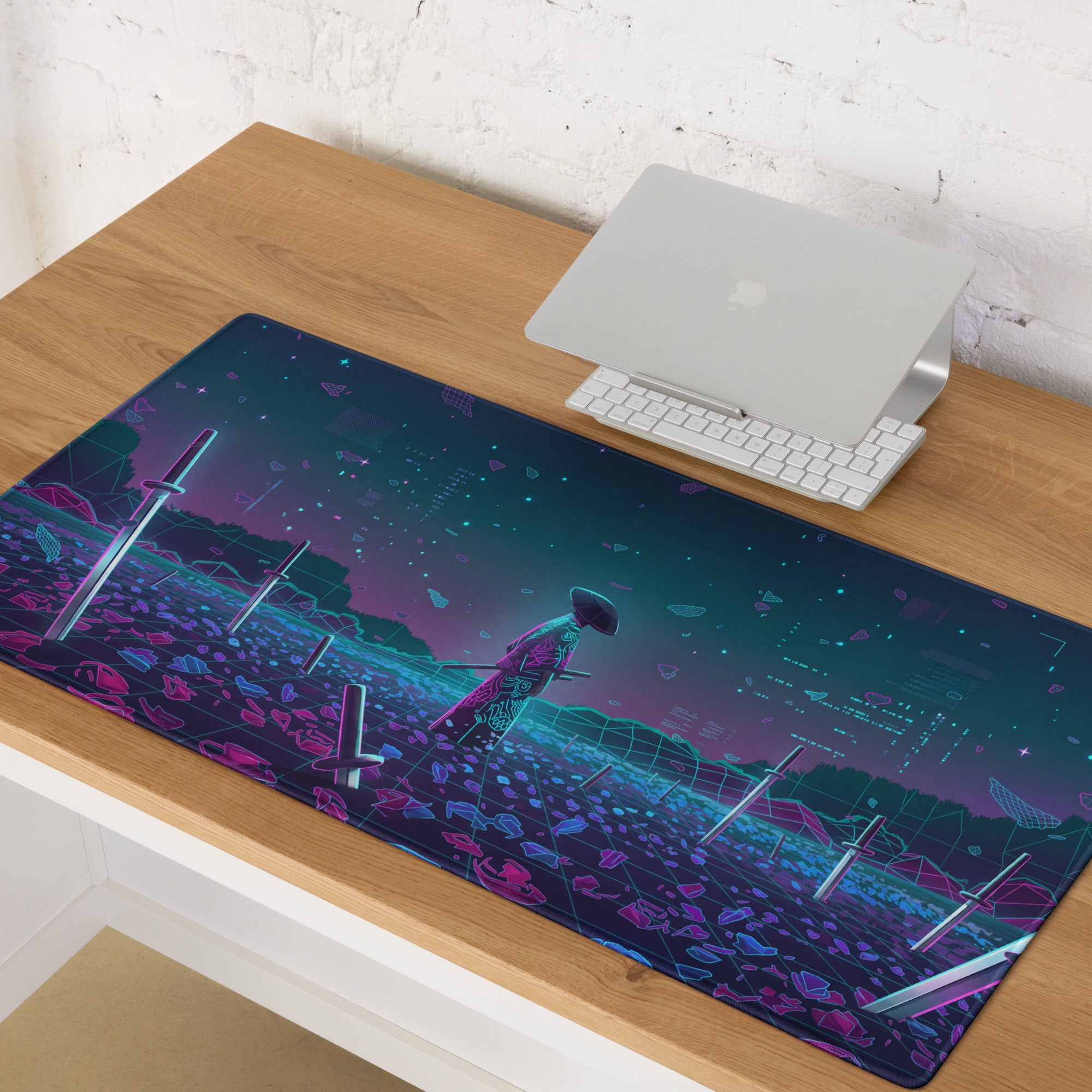 Neon vaporwave nightscape mouse pad in navy blue and magenta featuring a lone figure with floating swords and geometric designs