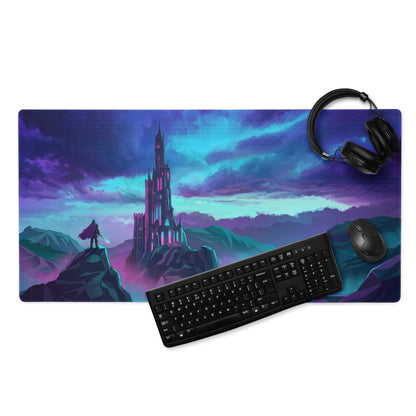 Neon city vaporwave mouse pad with vibrant purple and teal castle and lone figure under dramatic sky for gaming desk use