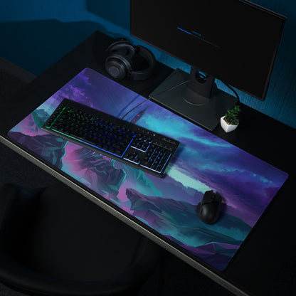 A vibrant rectangular gaming mousepad with a purple and teal stylized cityscape under a starry sky for desktop use