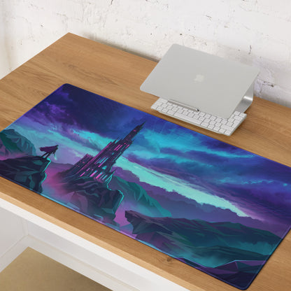 Neon city vaporwave mouse pad with vibrant purple blue fantasy castle design under aurora sky for gaming desks