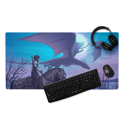 Rectangular gaming mousepad with vibrant neon blue and pink illustration of a knight on horseback facing a dragon