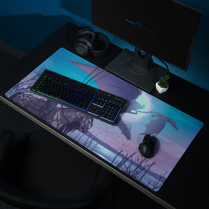 A vibrant vaporwave neon dragon pad gaming mousepad with a fantasy character with flowing hair and wings on a gradient background