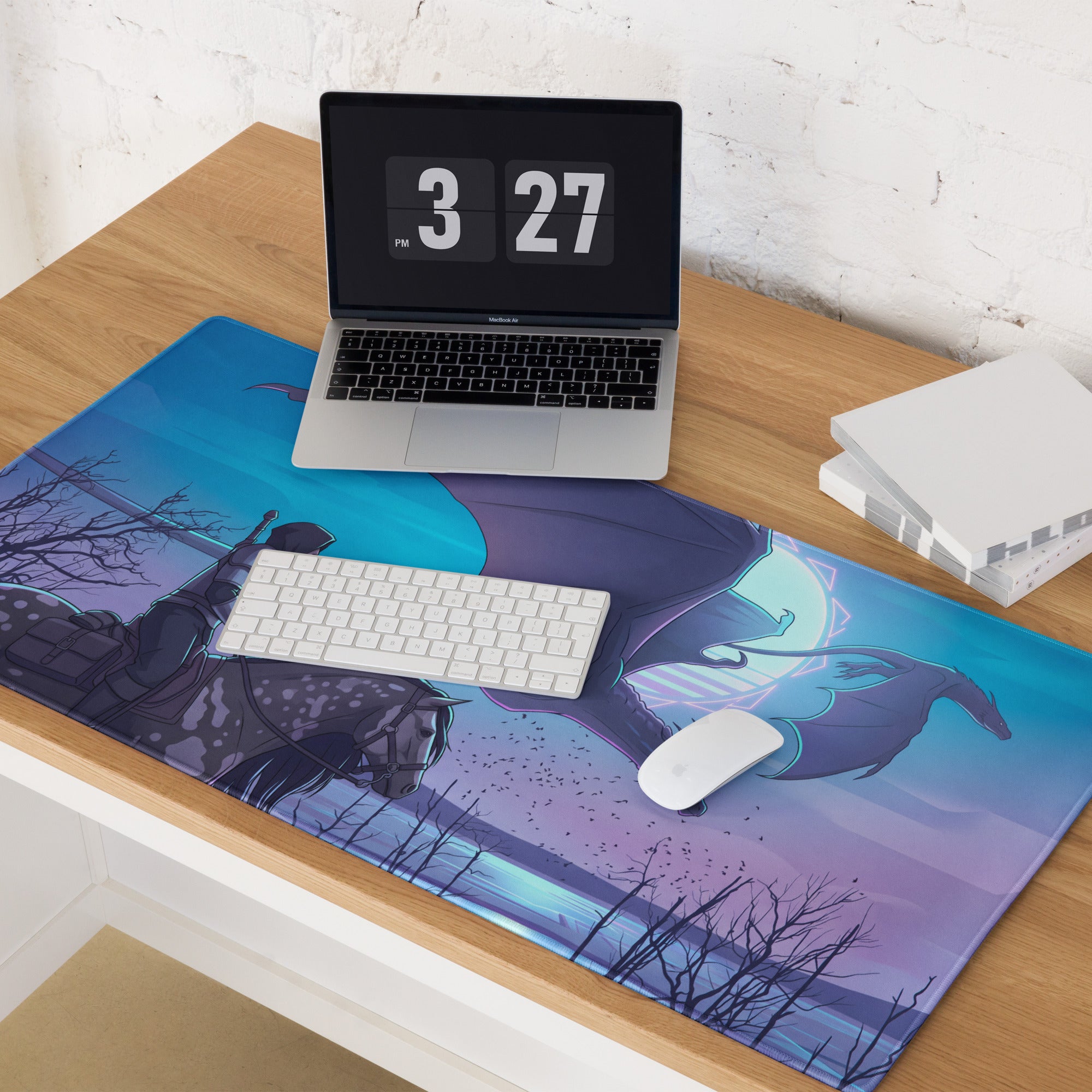 Blue and purple fantasy-themed mousepad featuring a knight on horseback with a dragon in vaporwave neon style
