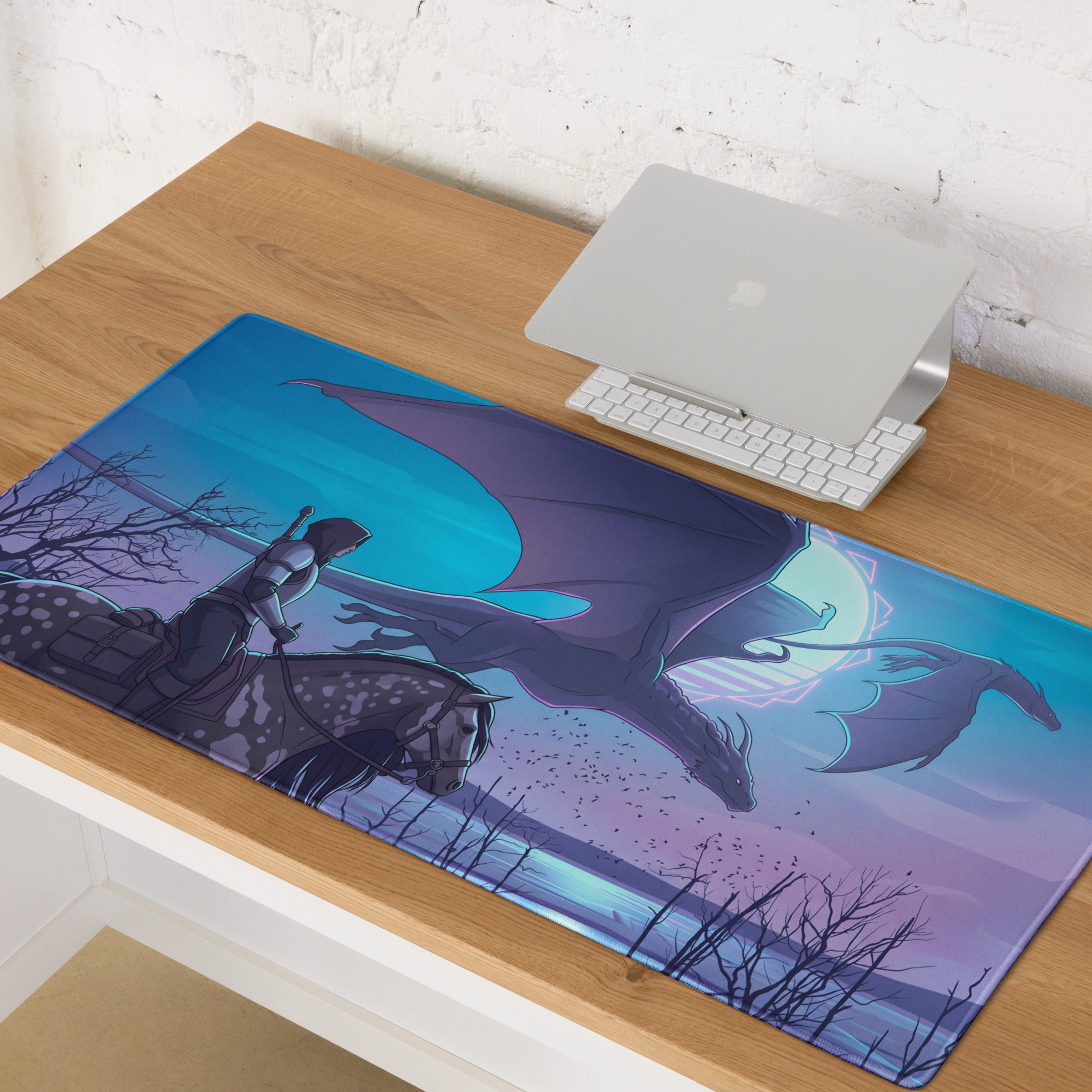 A rectangular vaporwave neon dragon gaming mousepad with a knight on horseback facing a large dragon in blue and purple tones