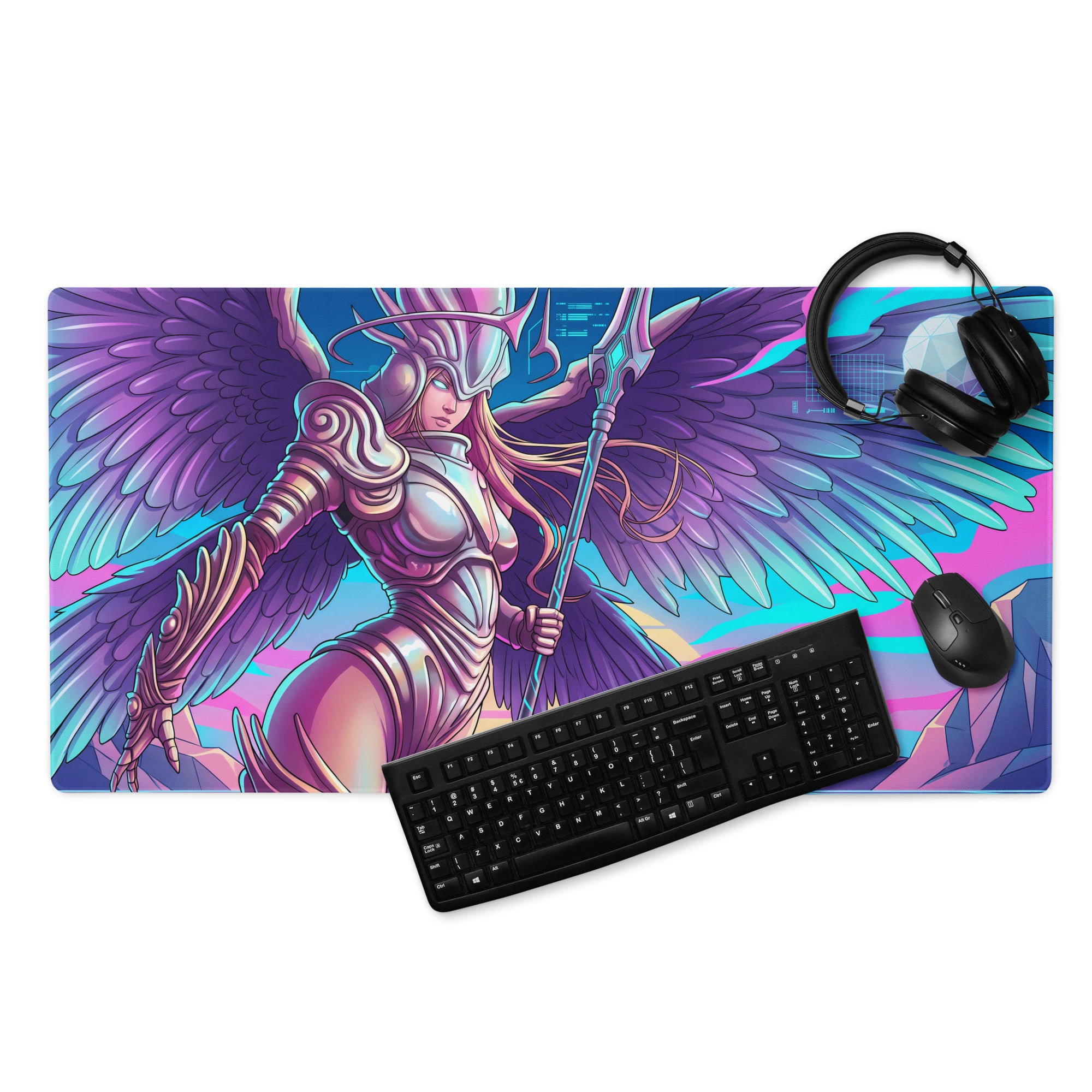 Vaporwave winged warrior gaming mousepad with vibrant purple and pink neon design featuring metallic armored warrior