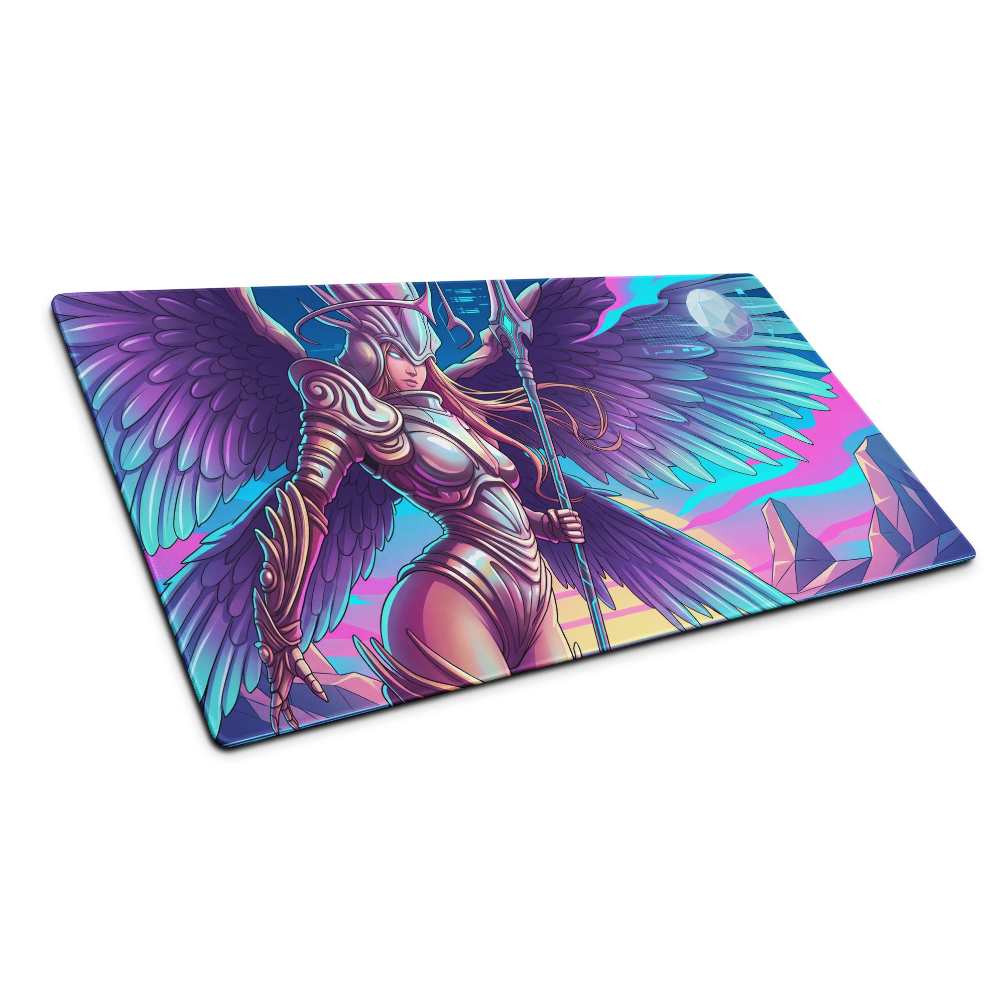 Vibrant neon pink and blue vaporwave winged warrior gaming mouse pad with metallic armor design and spear illustration