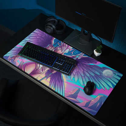Vibrant purple and pink winged angel design gaming mousepad in neon vaporwave style for a futuristic desk setup