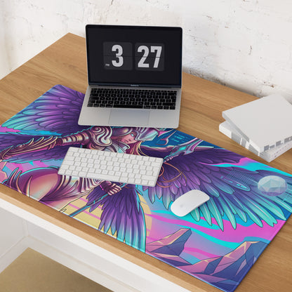 Vibrant purple and teal winged warrior gaming mousepad with geometric mountain design for neon vaporwave setup
