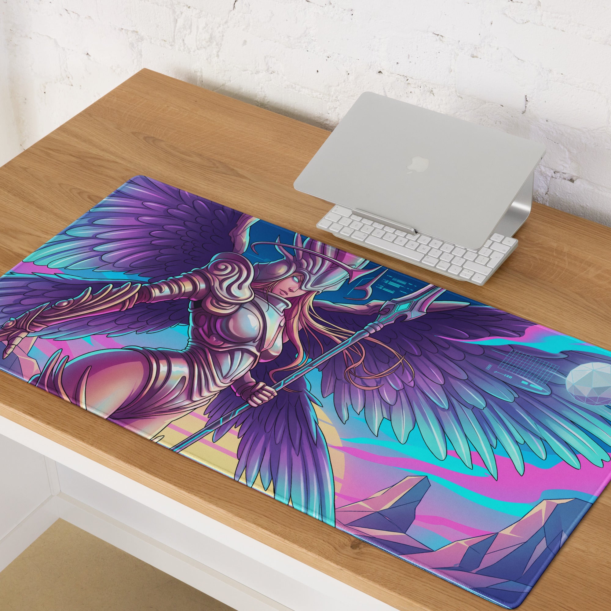 Vibrant vaporwave winged warrior mouse pad with armored angel and purple teal wings for neon futuristic gaming desk
