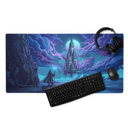 A vibrant neon castle vaporwave mouse pad featuring a fantasy scene with purple and blue lightning under a glowing moon