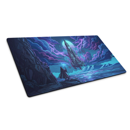 Neon Castle vaporwave rectangular gaming mousepad with vibrant blues purples featuring a lone figure and towering structure