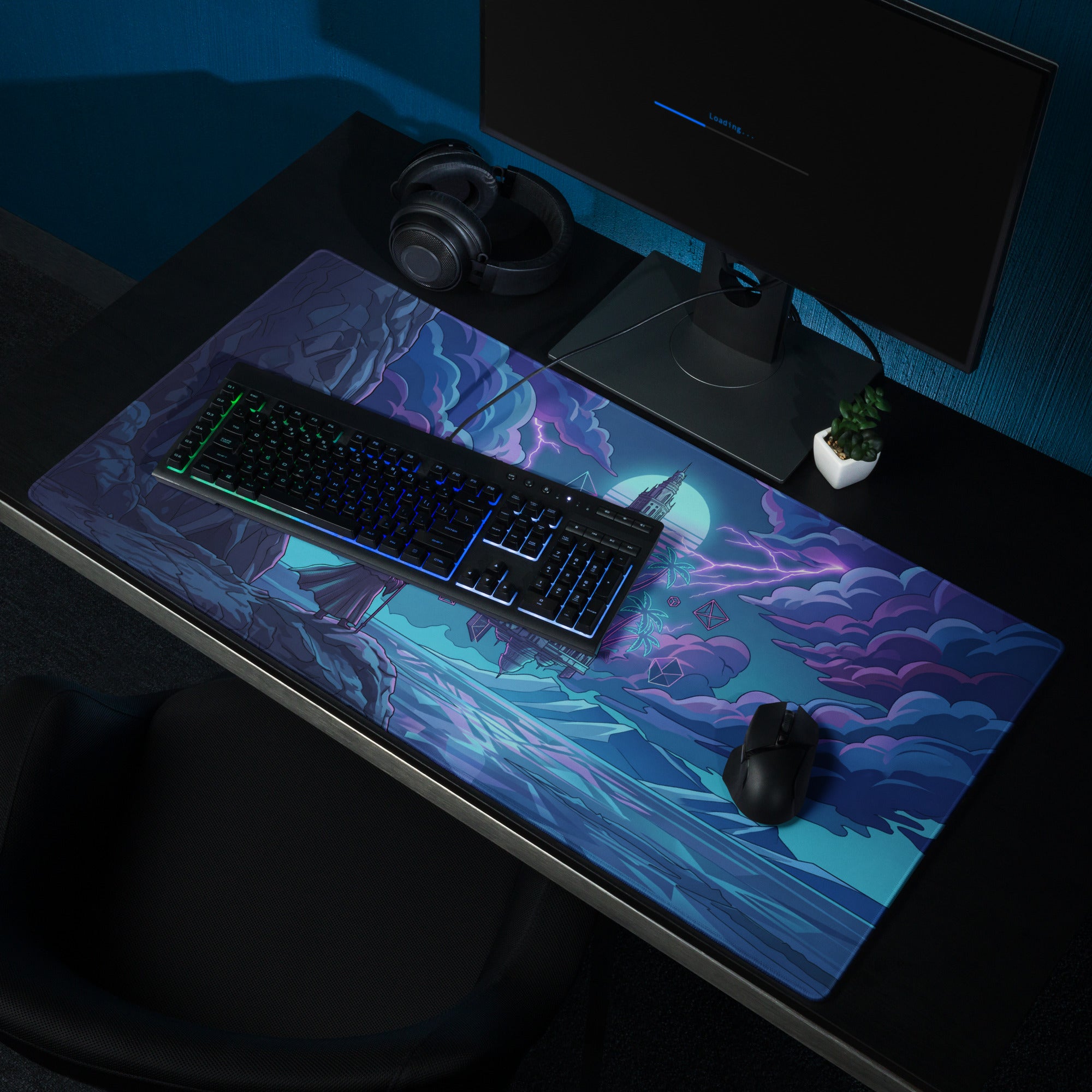Neon castle vaporwave mouse pad with vibrant cosmic landscape in purple blue featuring lightning and glowing moon