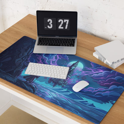 Navy blue and purple cyberpunk gaming mousepad with futuristic cityscape design for immersive gameplay
