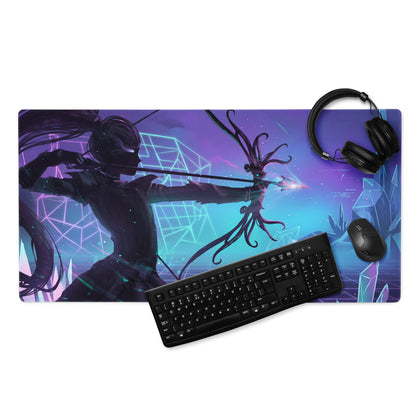 Vibrant purple and blue vaporwave neon arena gaming mouse pad with anime archer and glowing geometric synthwave design