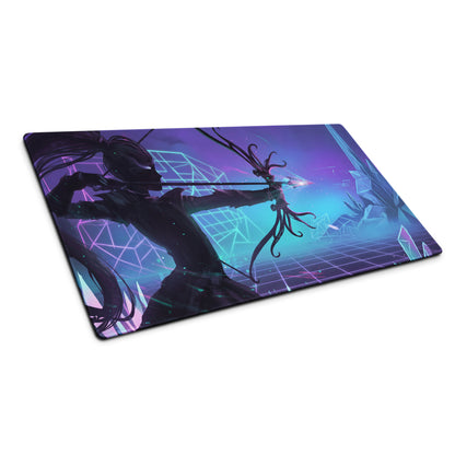 Vaporwave neon arena gaming mouse pad with vibrant purple pink blue cyberpunk archer design large extended desk mat