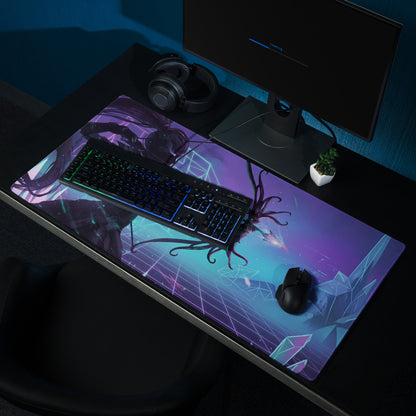Purple and teal gradient vaporwave neon arena gaming mousepad featuring a cyberpunk tentacle character and geometric design