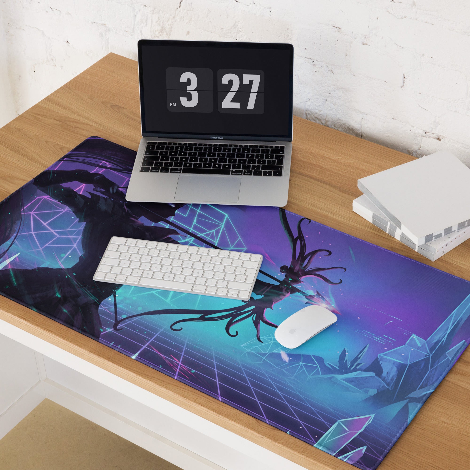 Purple and blue geometrically designed vaporwave neon arena gaming mouse pad with dark tentacle silhouette for cyberpunk decor