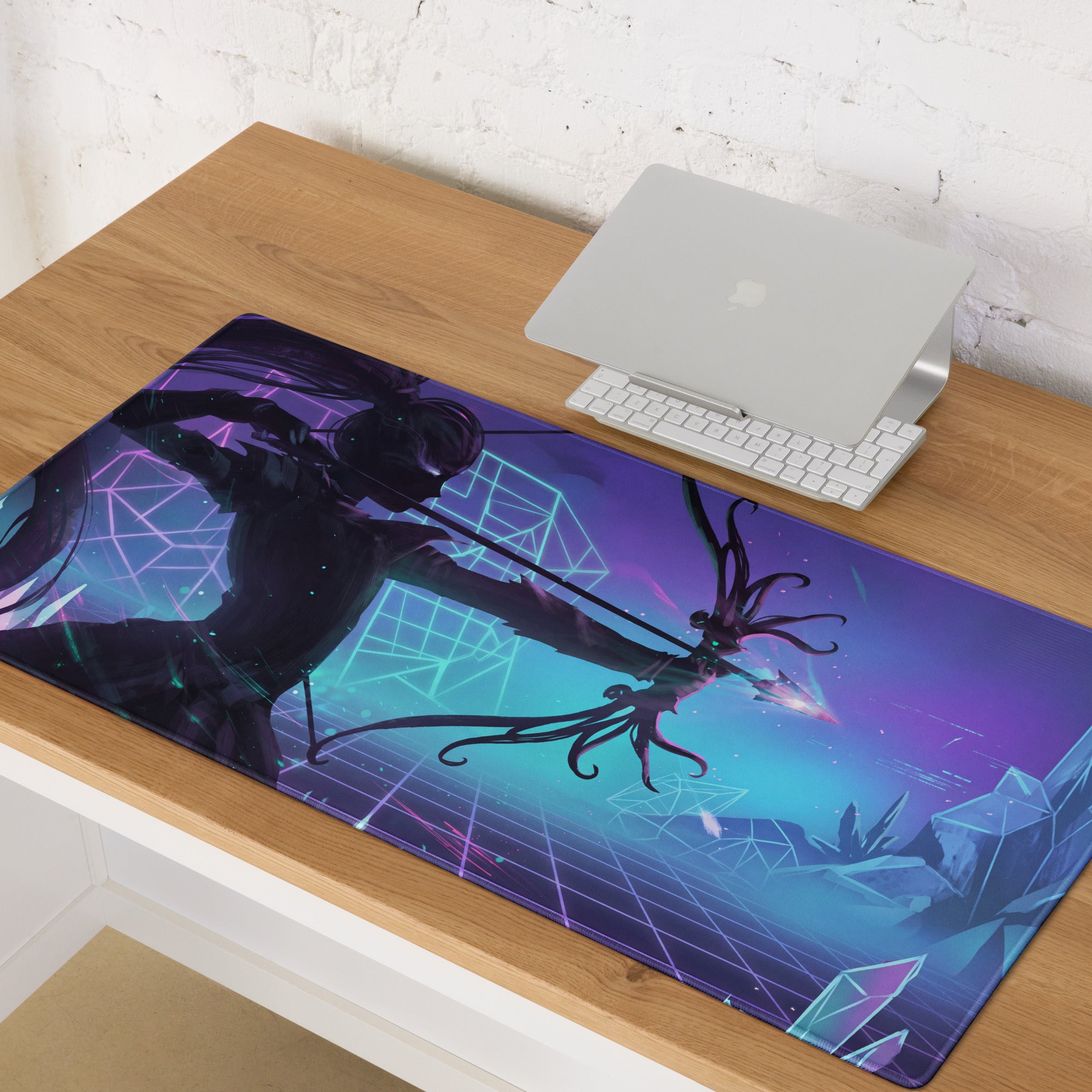 Vaporwave neon arena large extended purple teal gradient gaming mouse pad with stylized anime character and cyberpunk grid background