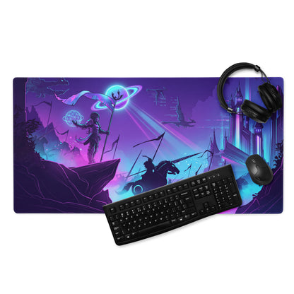 Purple and blue neon gaming mousepad with fantasy battle scene glowing planets silhouetted warriors and futuristic architecture