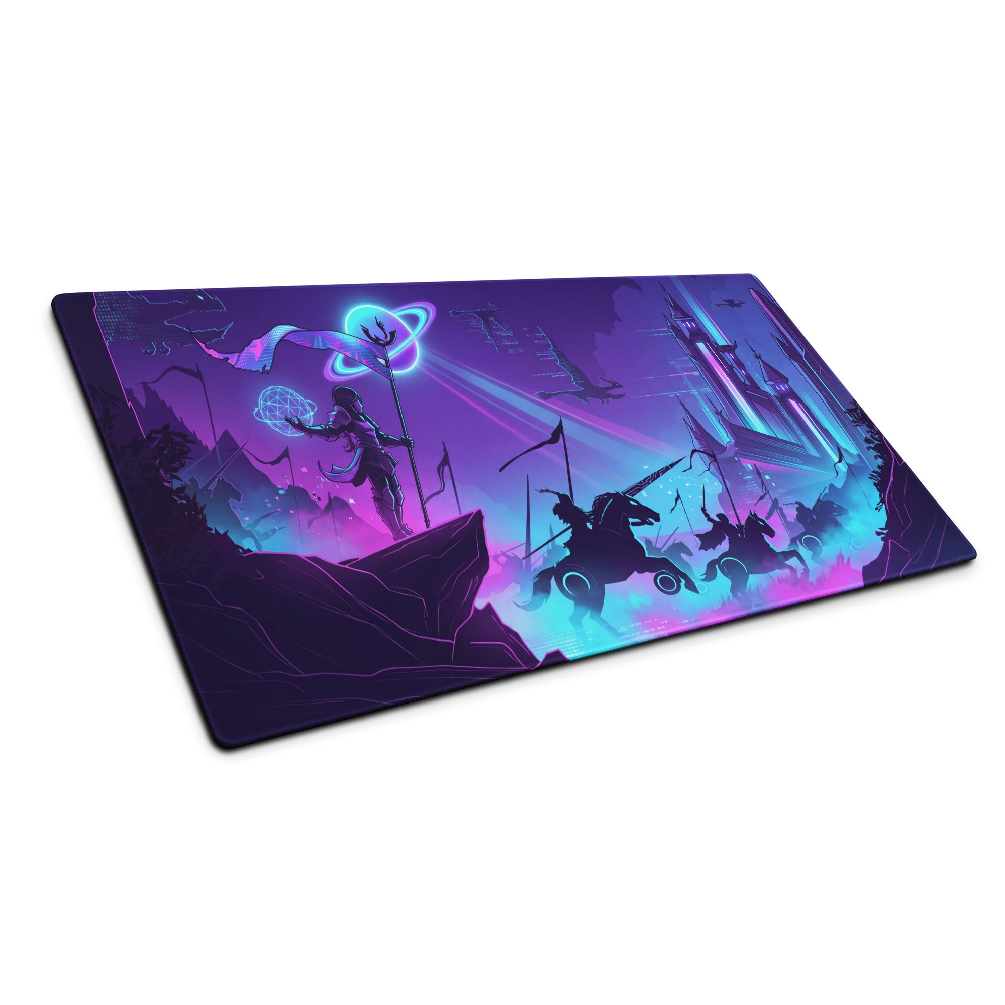 Vaporwave neon nightfall mouse pad with vibrant purple and cyan neon fantasy battle design for gaming and cyberpunk fans