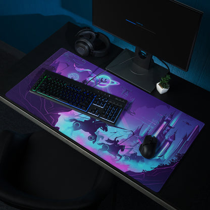 Purple and teal vaporwave neon nightfall gaming mouse pad with knights on horseback battling in a castle landscape