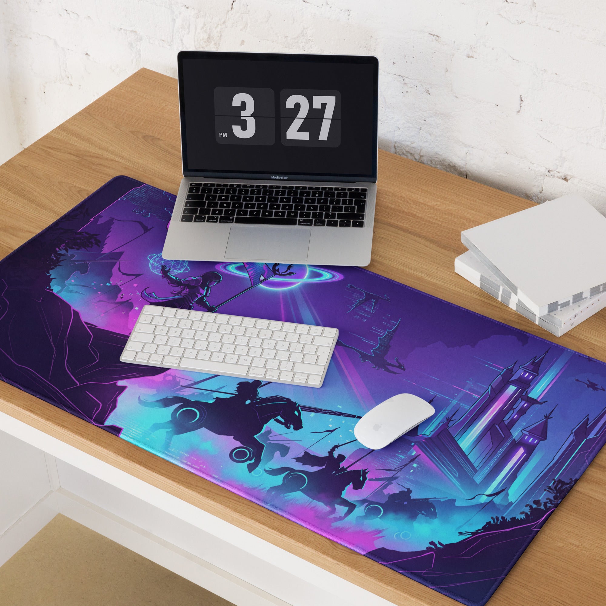 Vibrant purple and teal vaporwave neon nightfall gaming mousepad featuring a fantasy battle scene with knights on horseback
