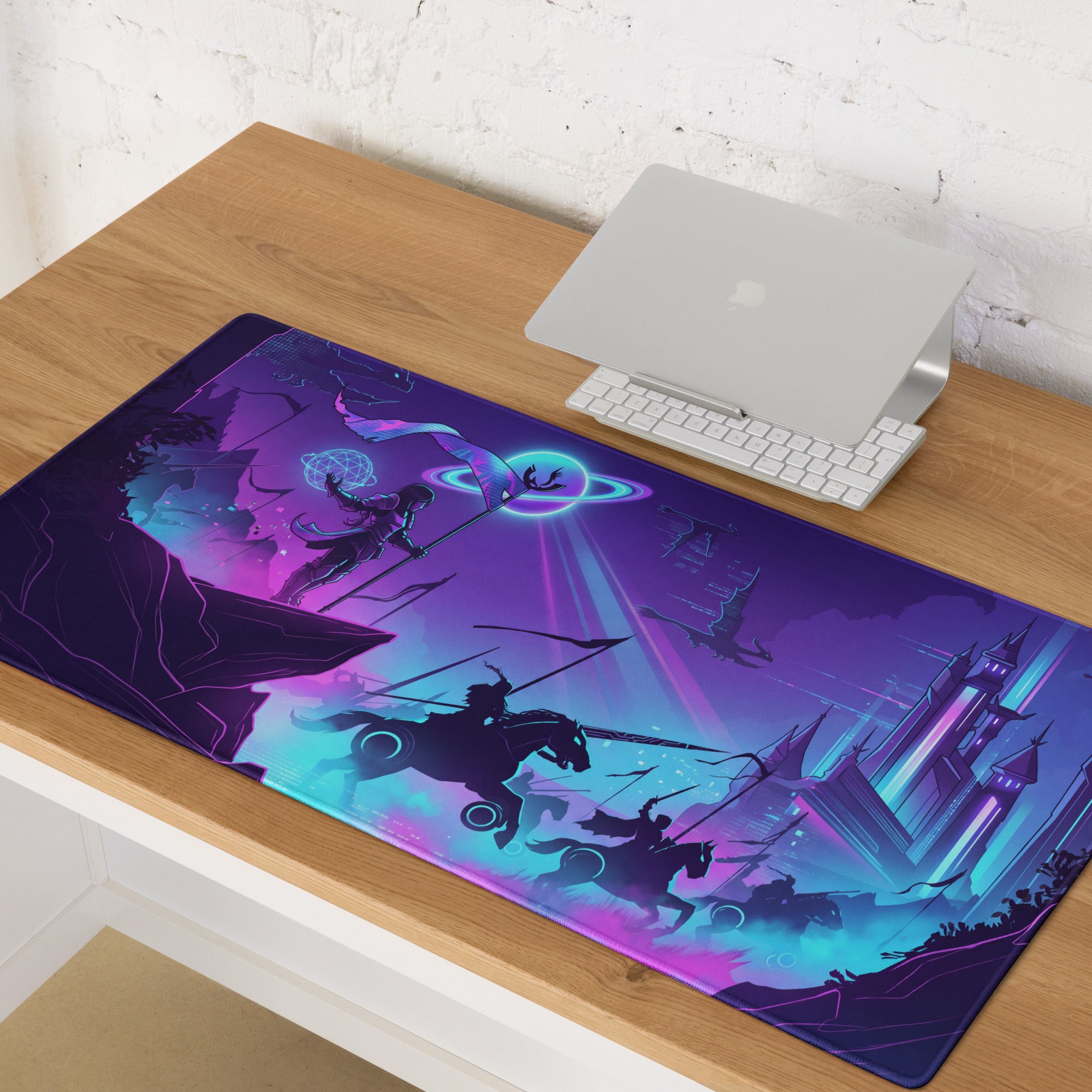 Vaporwave neon nightfall mouse pad featuring a vibrant purple and teal fantasy battle scene with knights and cosmic elements