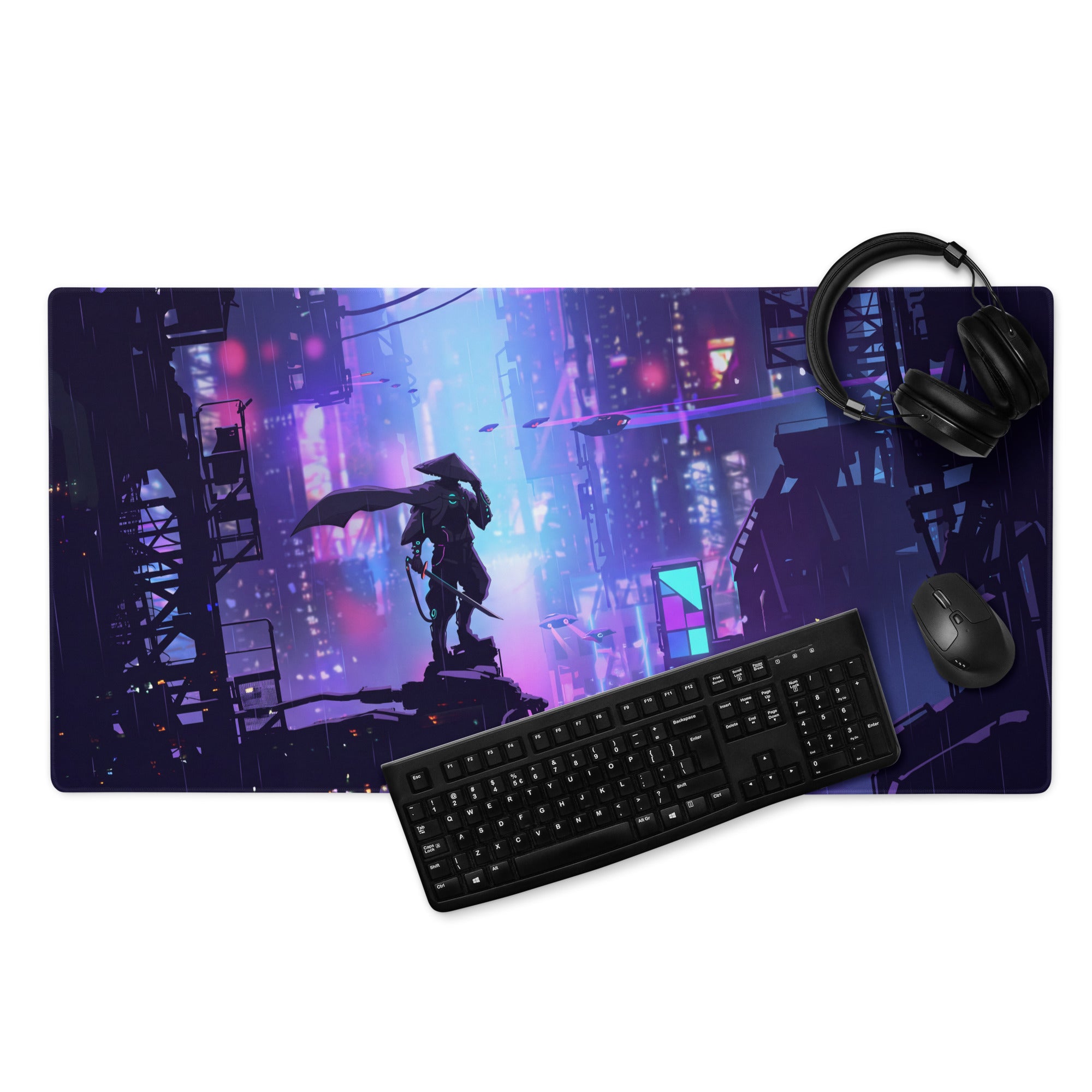 Narrow black keyboard and mouse on a vaporwave neon city mouse pad with purple blue cyberpunk cityscape design