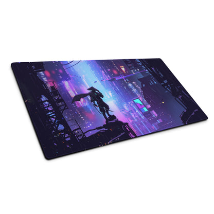 Vaporwave neon city mouse pad featuring a nebula-themed futuristic cityscape in purple and blue neon for gaming desks