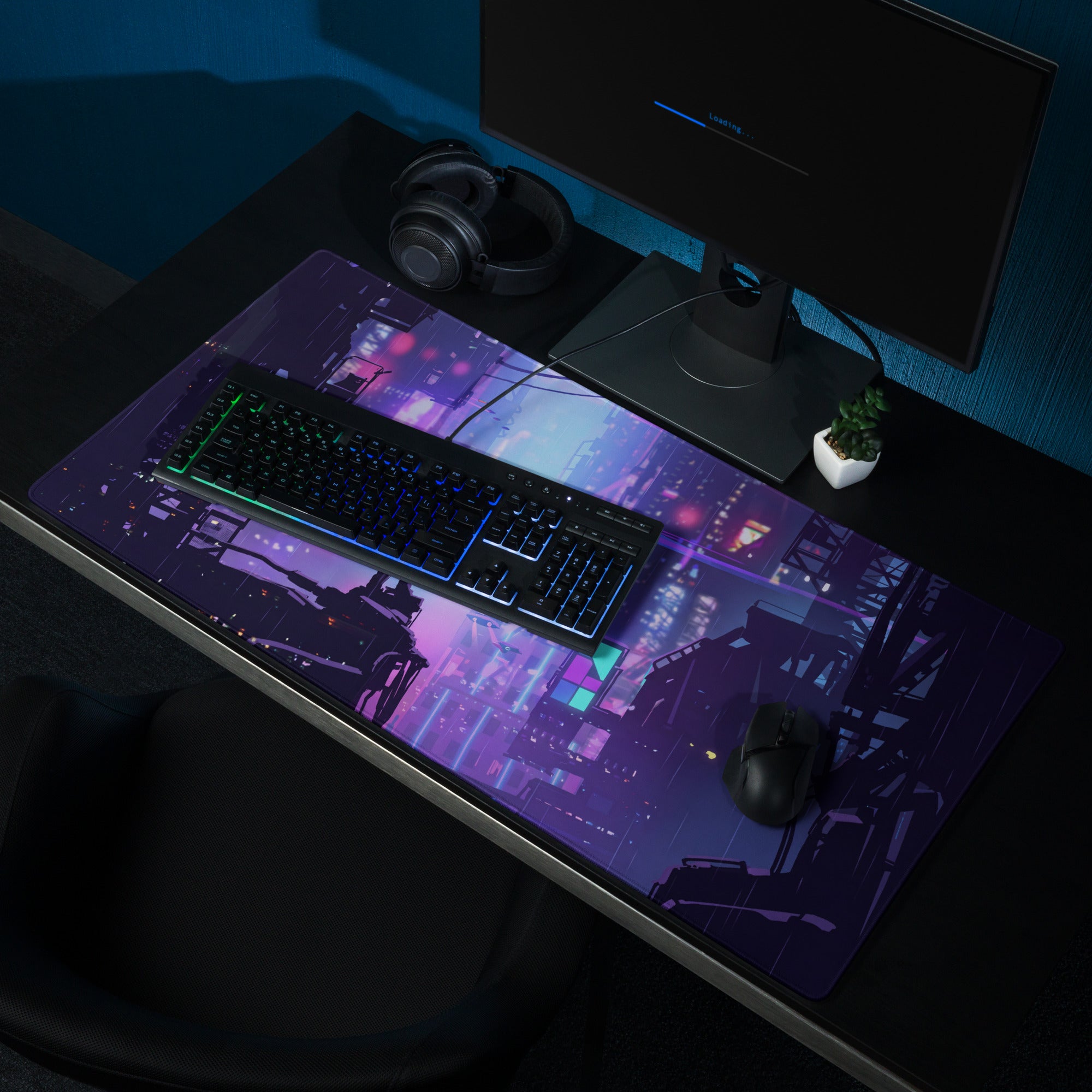 Purple and pink neon-lit cyberpunk mousepad with glossy surface for gaming desk vaporwave synthwave mood