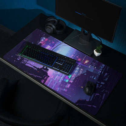 Purple and pink neon-lit cyberpunk mousepad with glossy surface for gaming desk vaporwave synthwave mood