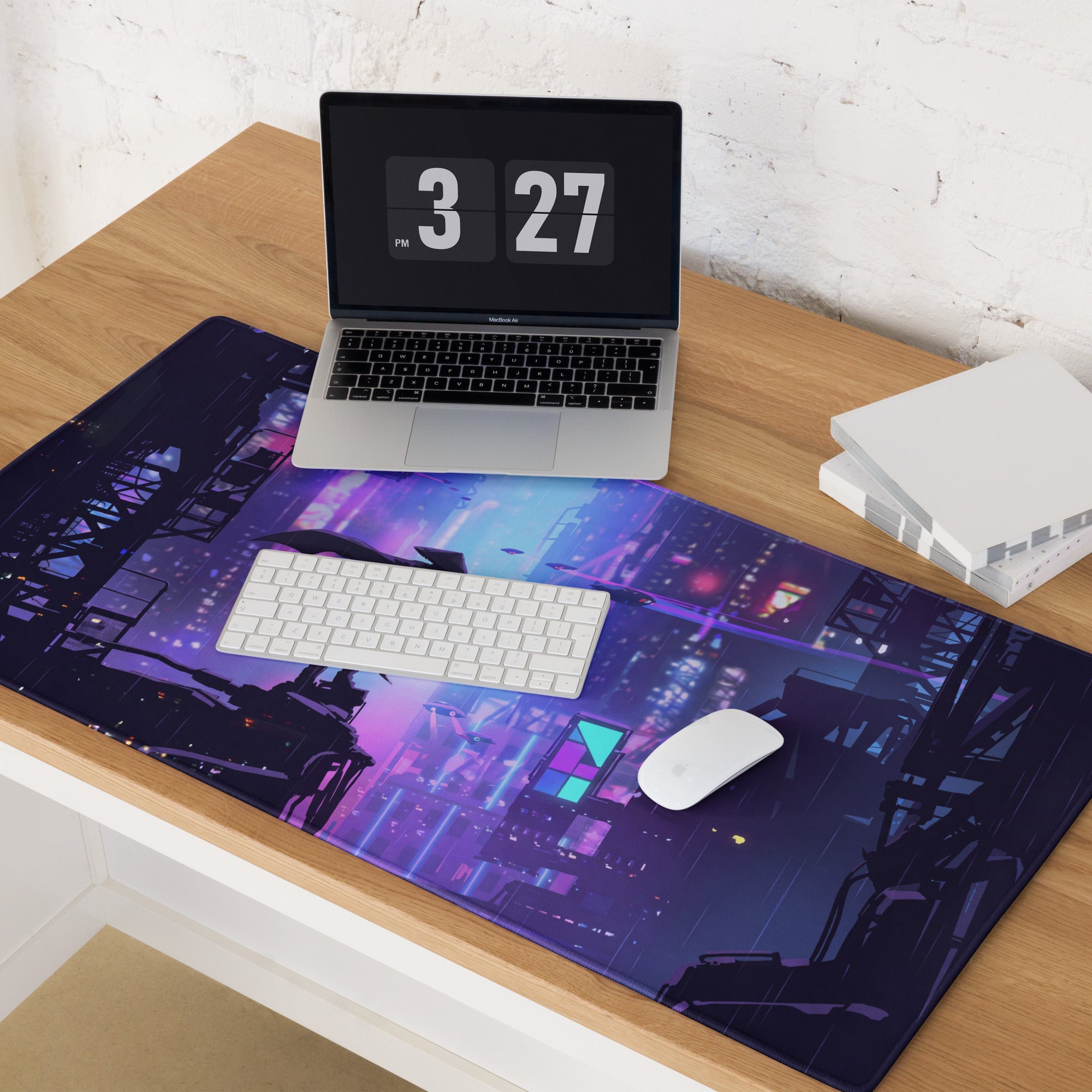 Narrow rectangular gaming mousepad with vibrant purple and blue cyberpunk cityscape design for desk use