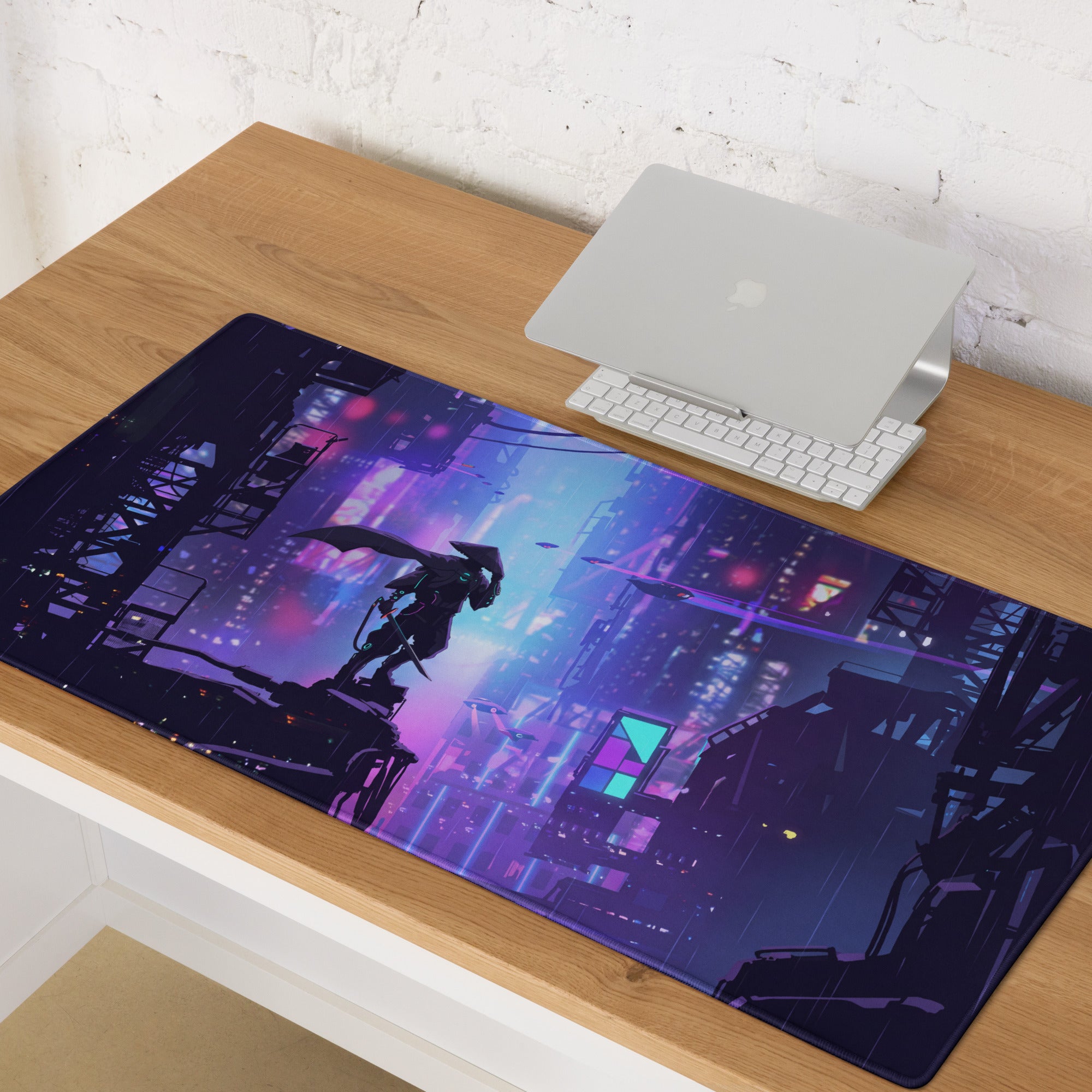Purple and blue neon-lit cyberpunk gaming mouse pad featuring a warrior silhouette with cape vaporwave cityscape design