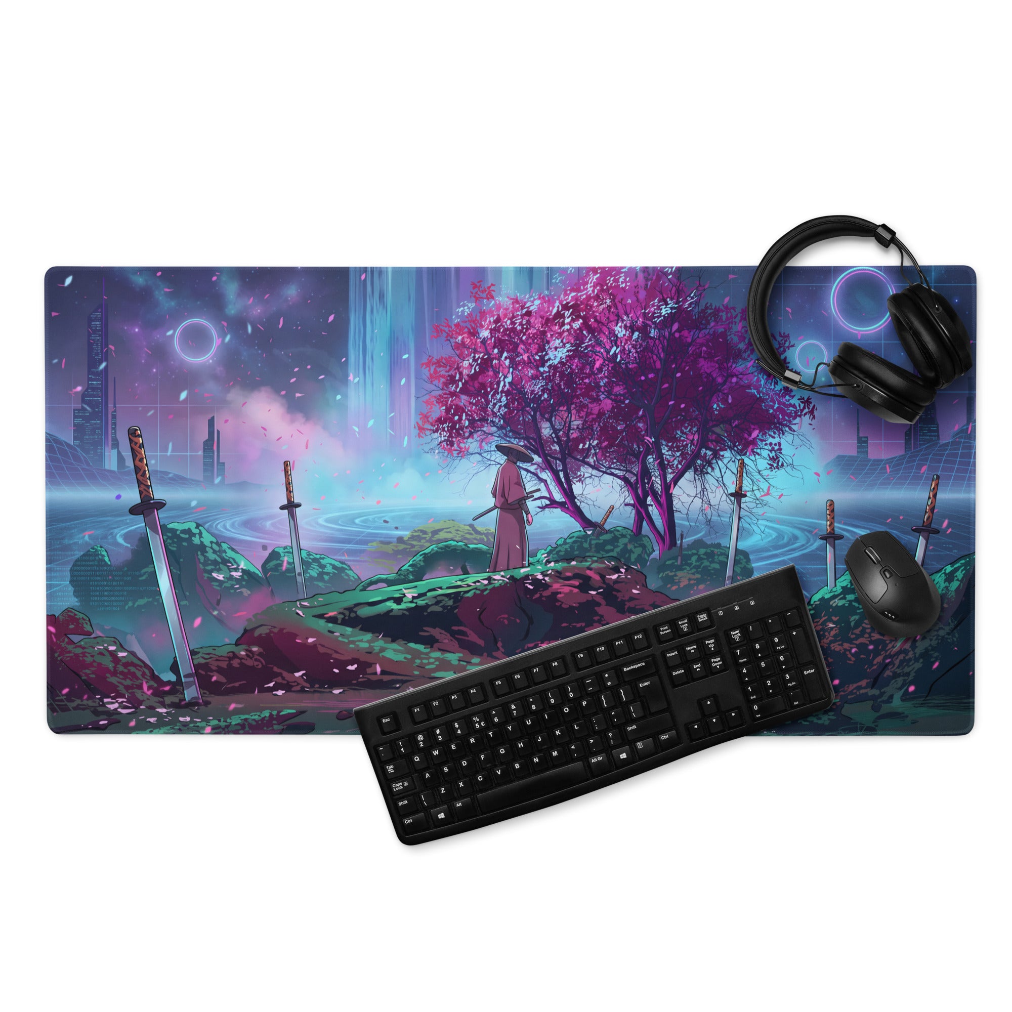 Vaporwave neon sakura mouse pad featuring a vibrant anime samurai under pink tree with purple teal cityscape design