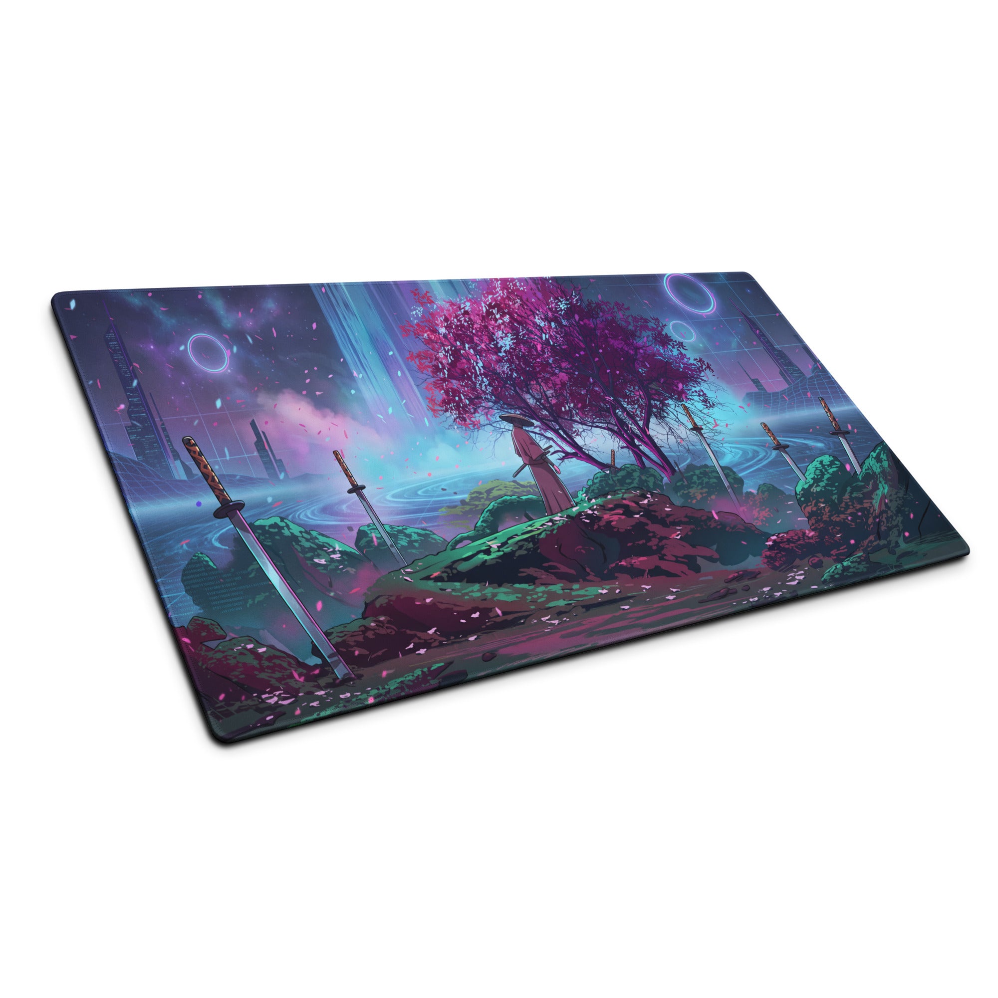 Vaporwave neon sakura mouse pad featuring a glowing purple tree swords in rocks and a neon pink futuristic cityscape