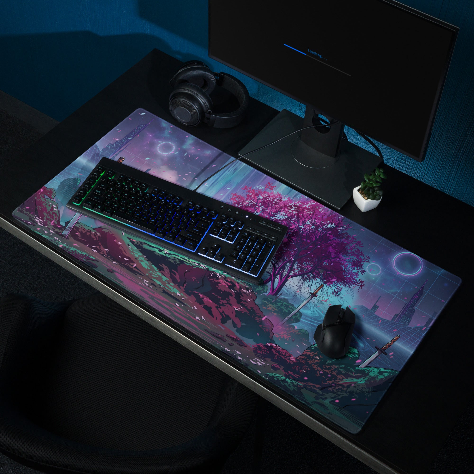 A vibrant rectangular gaming mousepad with anime-style pink cherry blossoms and futuristic vaporwave neon art
