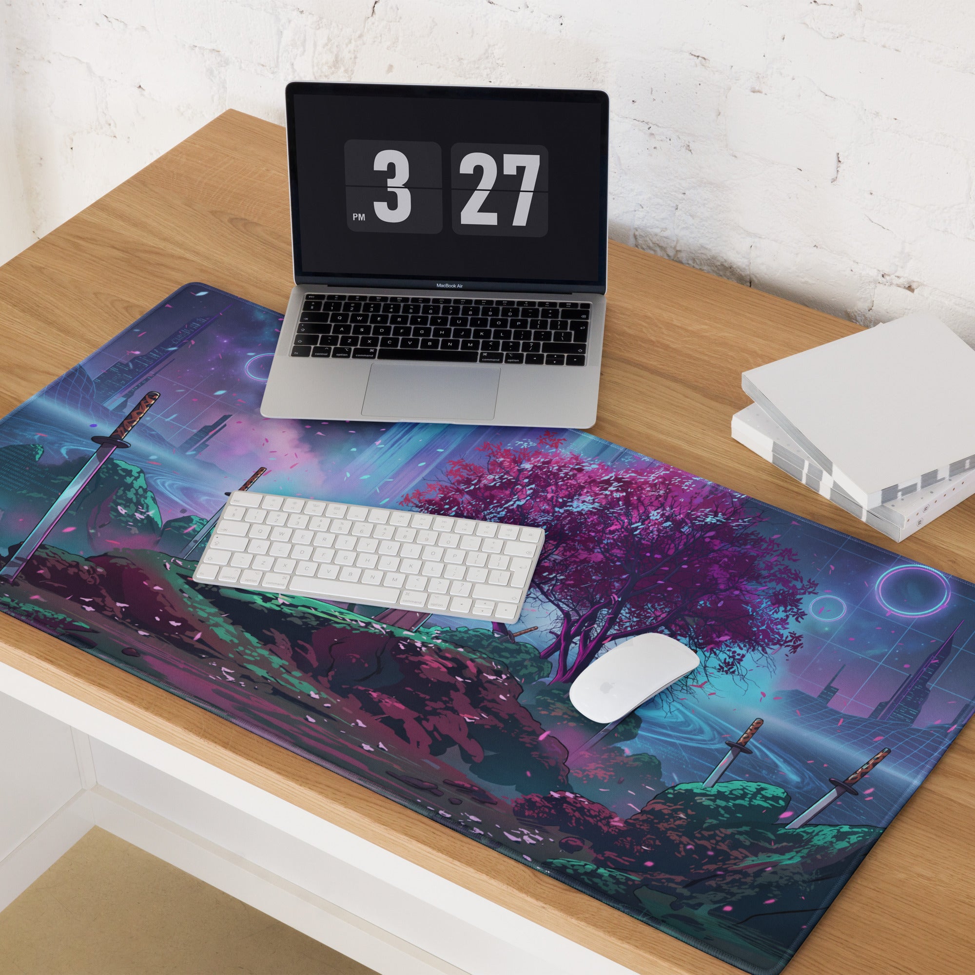 Vaporwave neon sakura mouse pad featuring vibrant purple and teal glowing tree swords and futuristic cityscape design