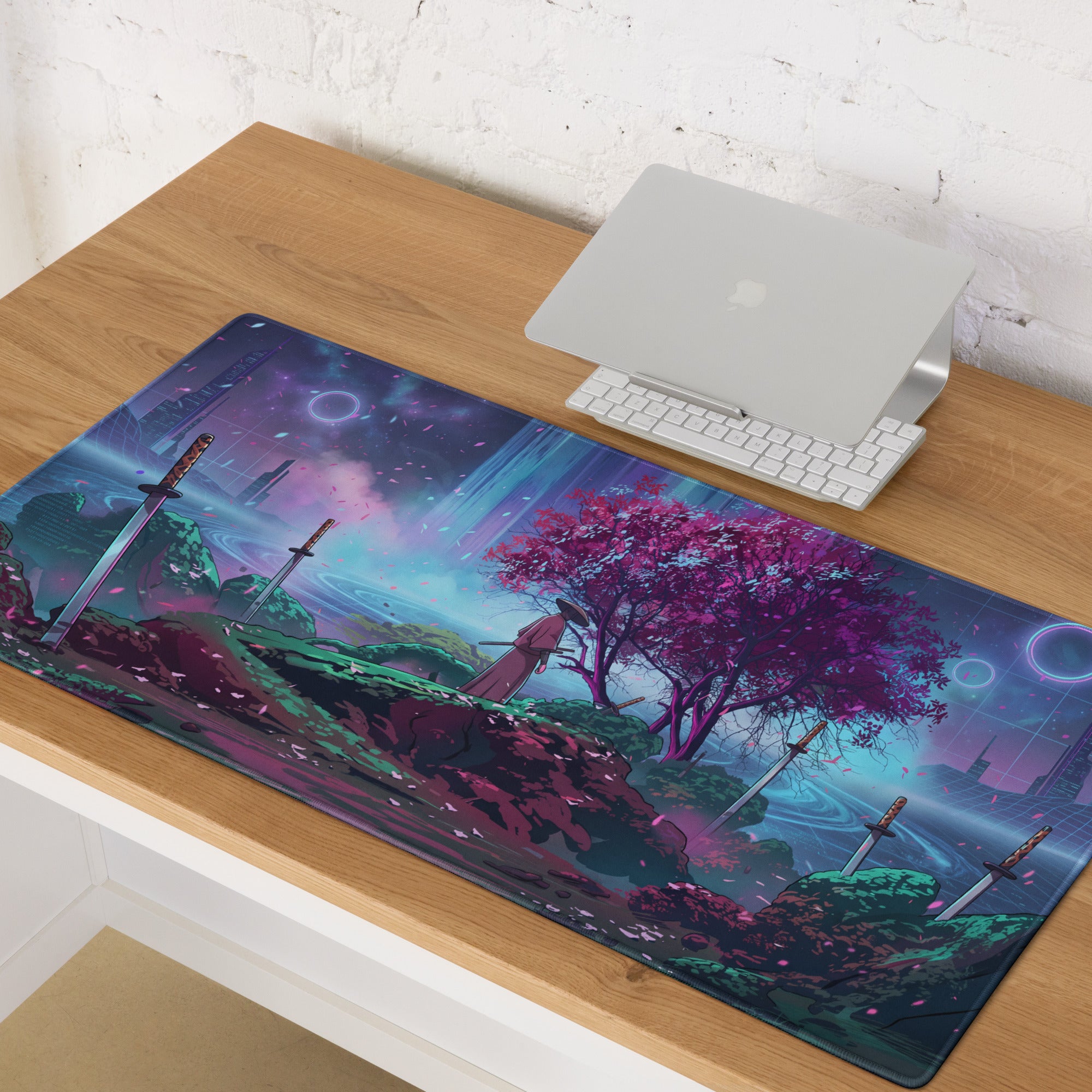 Rectangular vaporwave neon sakura mouse pad with vibrant fantasy swords tree and cosmic elements in pink purple and teal
