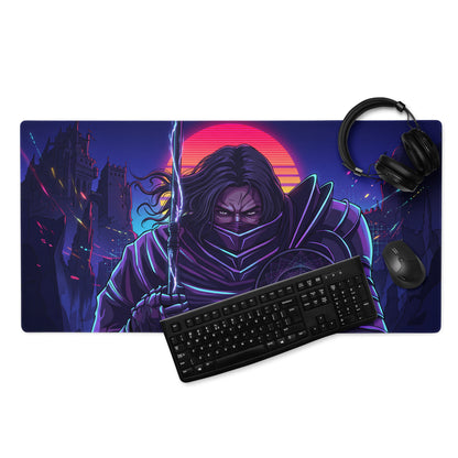 Neon vaporwave samurai gaming mousepad with vibrant purple pink blue cyberpunk design and glowing sword warrior