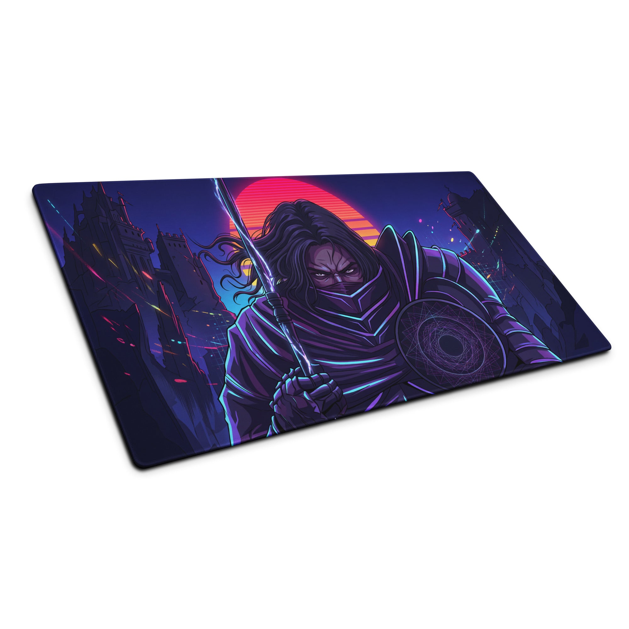 Neon vaporwave samurai gaming mousepad with ninja-themed detailed armor design and vibrant neon purple red sunset backdrop